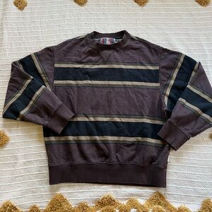 Urban Outfitters Men's Dark Brown and Black Striped Crewneck Sweater